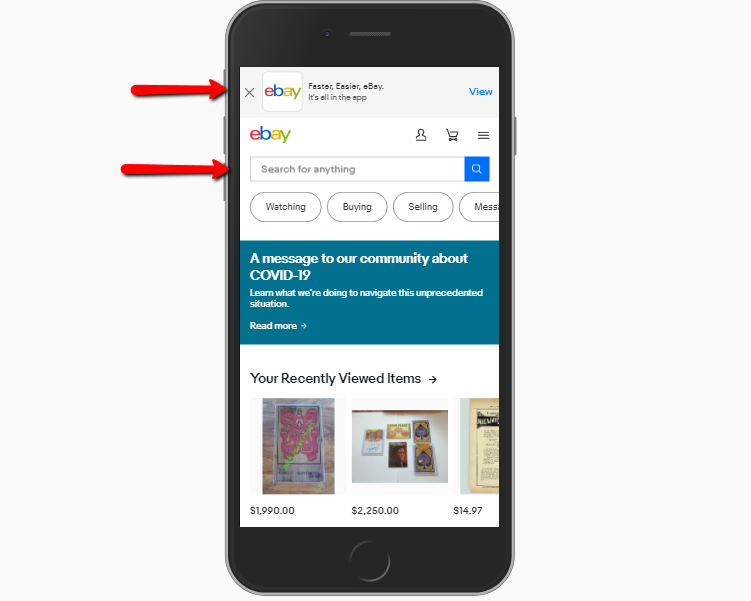 ebay homepage with app download and site search prominently displayed on mobile.