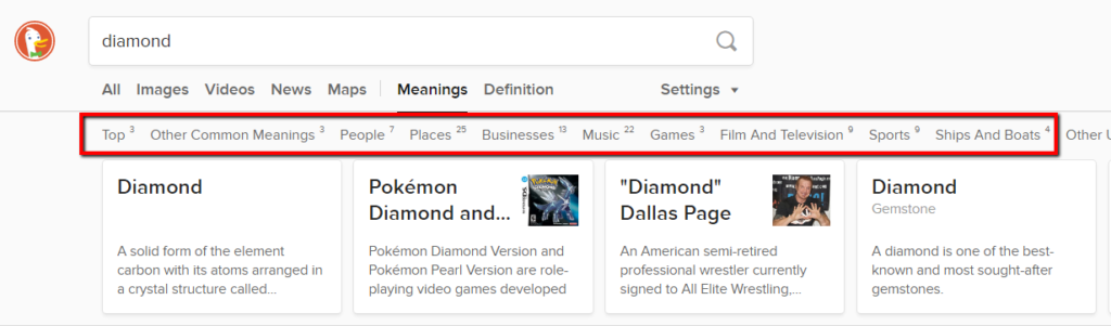 example of duckduckgo showing other potential meanings for a word.