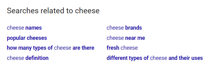 related searches for "cheese" on google.