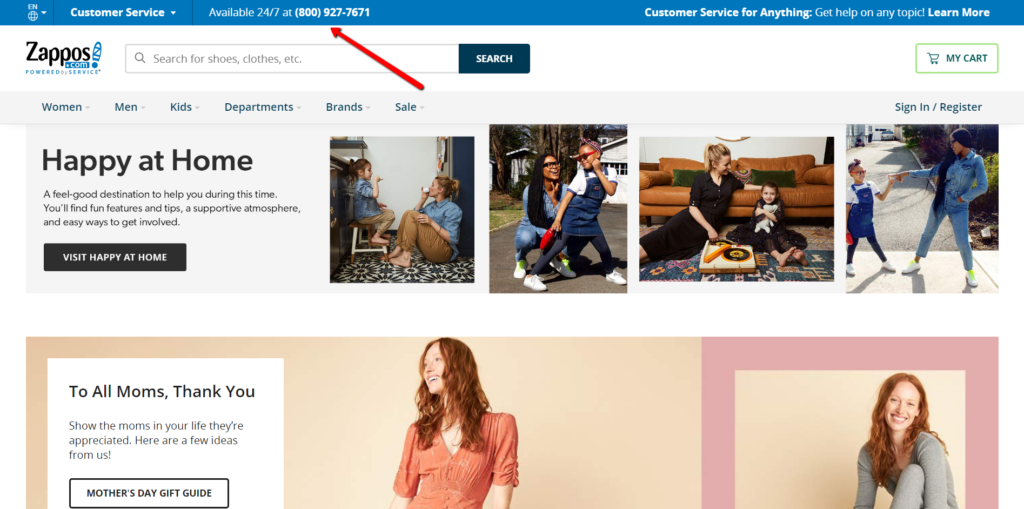 zappos with prominent phone number for customer service.