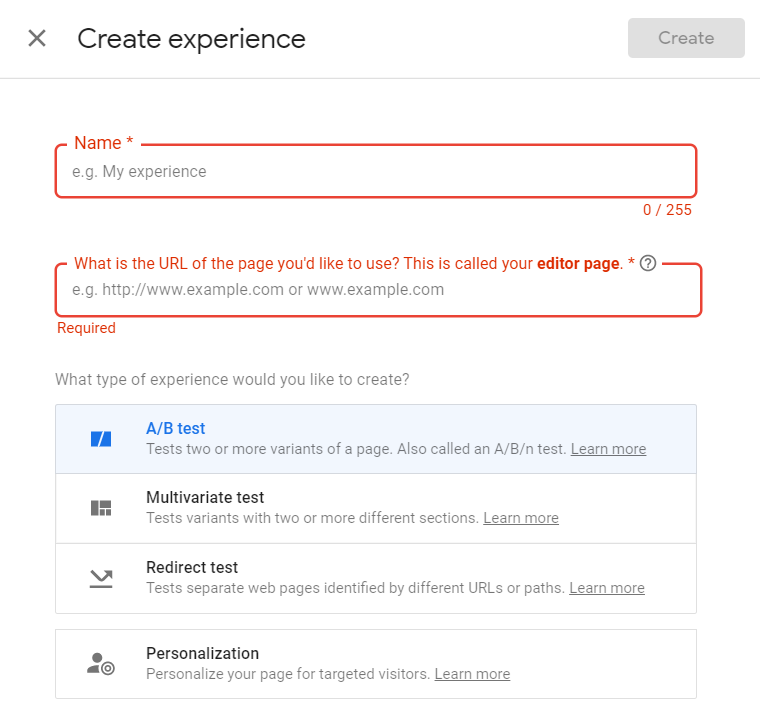 créer une expérience dans Google Optimize.