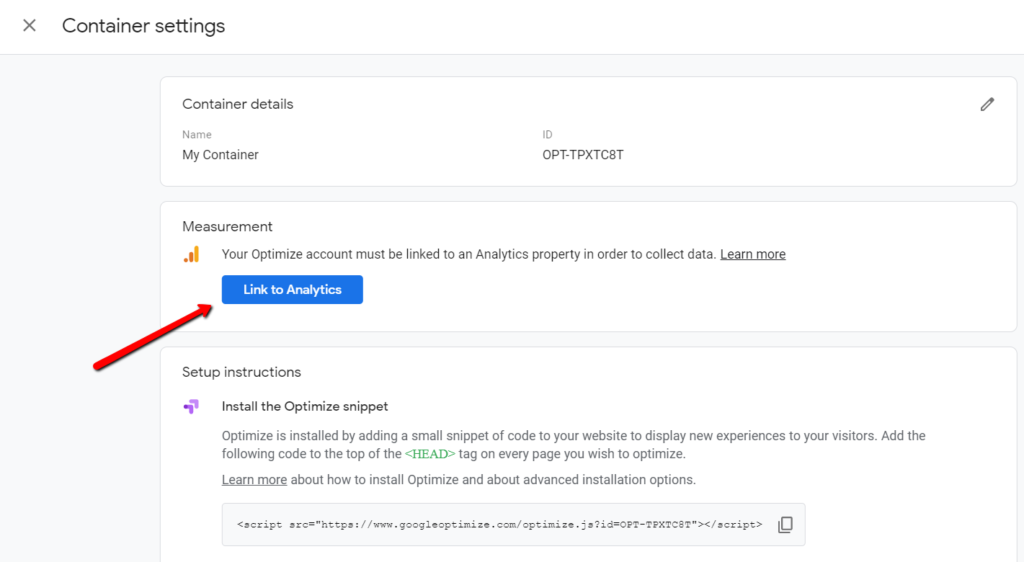 lier votre compte Google Analytics à Google Optimize.