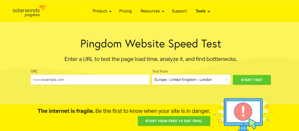 pingdom website speed test homepage.