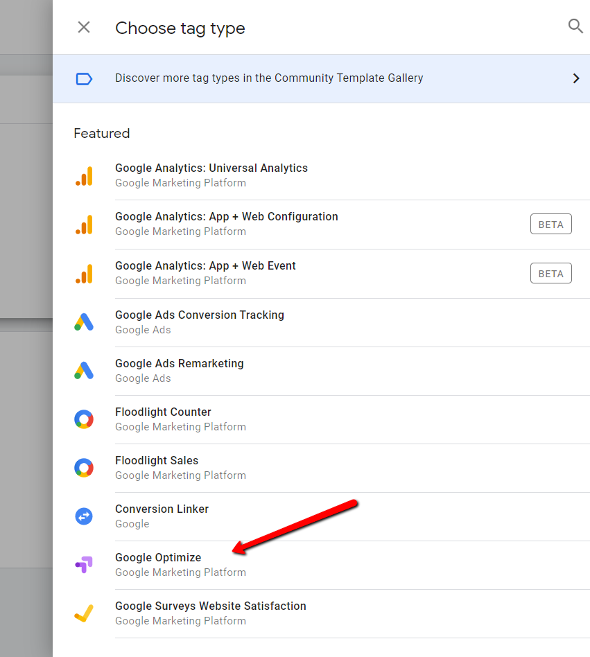 google optimize tag in google tag manager.