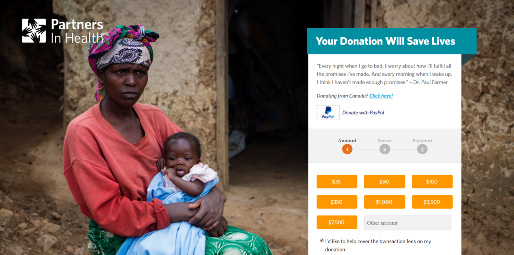 partners in health donation page with woman looking at the donation form.
