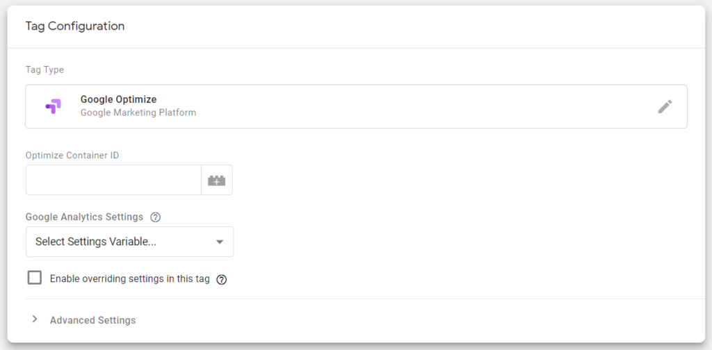 entering google optimize container id in google tag manager tag.