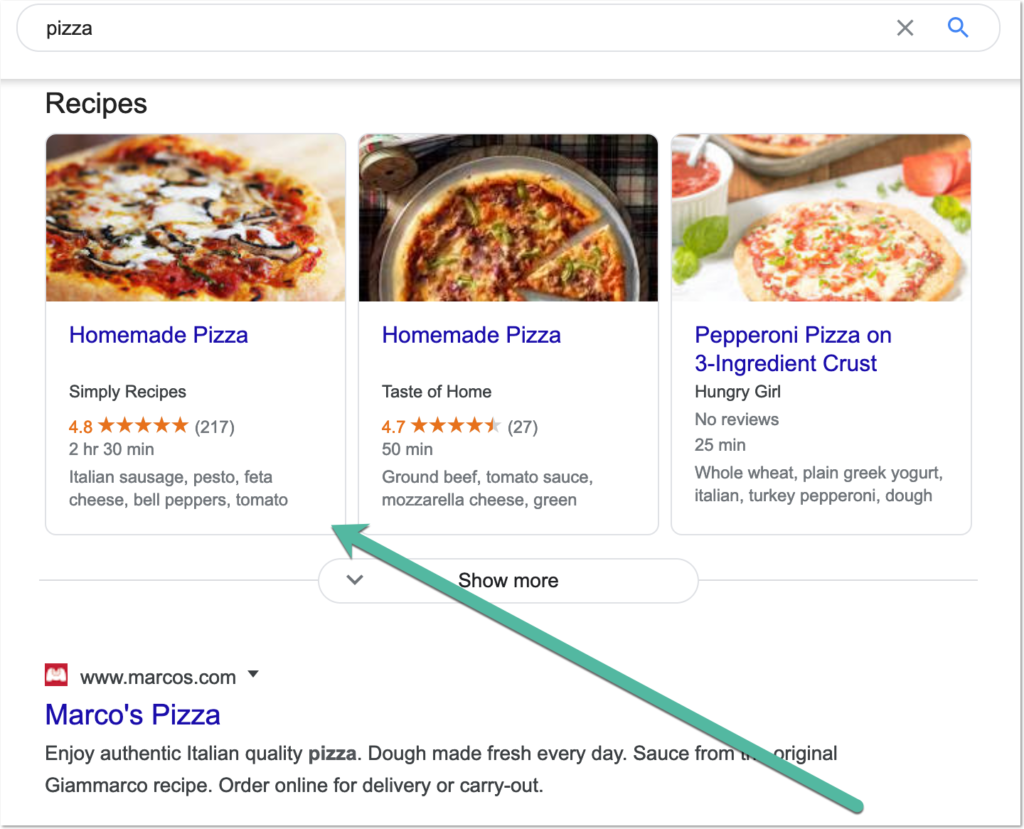 example of recipe carousel for food query.