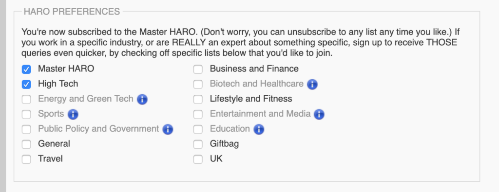 selecting haro categories.