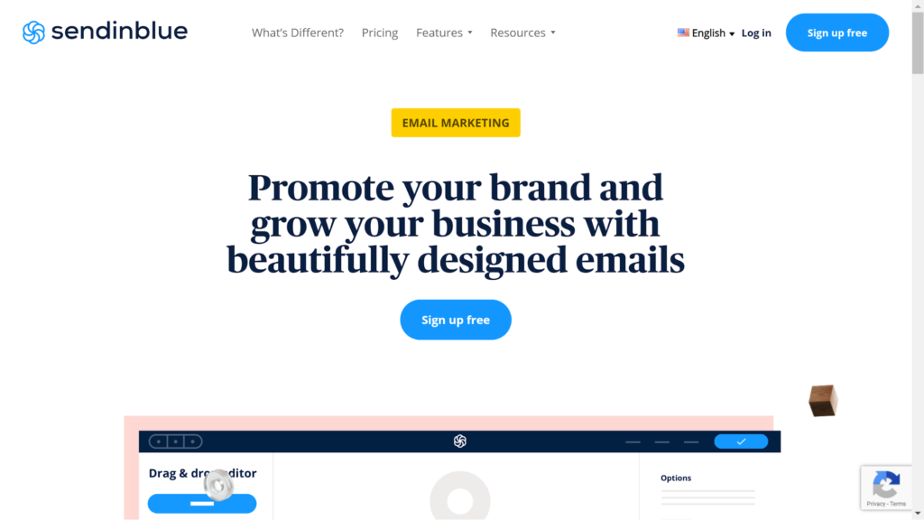 Screenshot of sendinblue's old home page. Relevant text reads: Promote your brand and grow your business with beautifully designed emails