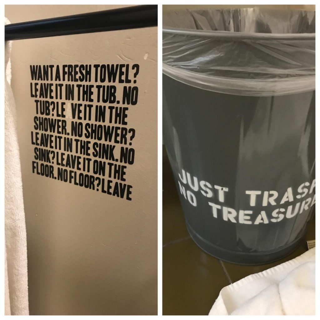 Split image of two different ways the hotel chain Ace goes above and beyond. Examples include towels and even trash. 