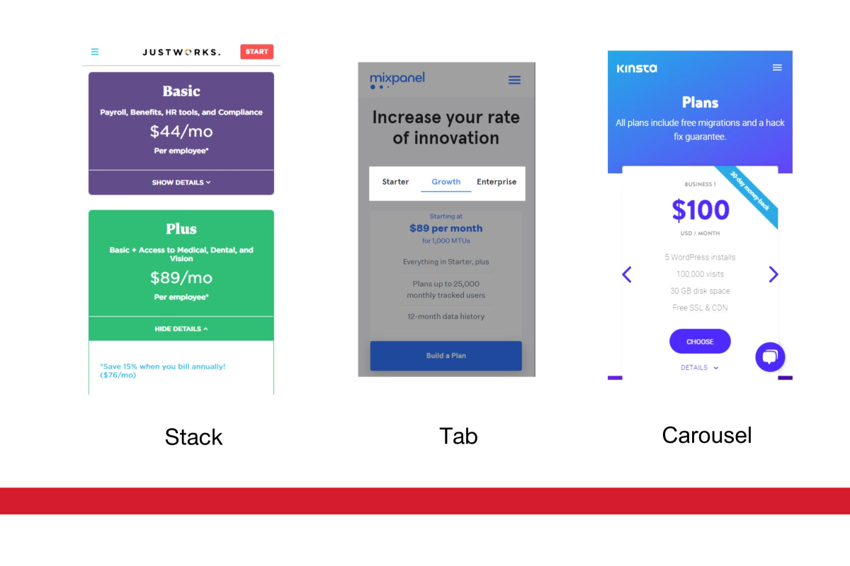 Image of three examples of pricing cards, from left to right, stack, tab, and carousel. 
