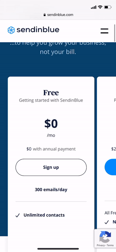GIF of Send In Blue pricing page. 