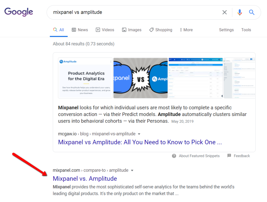 search result for which mixpanel owns space for a comparison query.