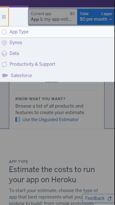 Image of Heroku’s feature and pricing using a table for navigation. 