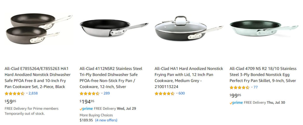 All-Clad pans on Amazon. 