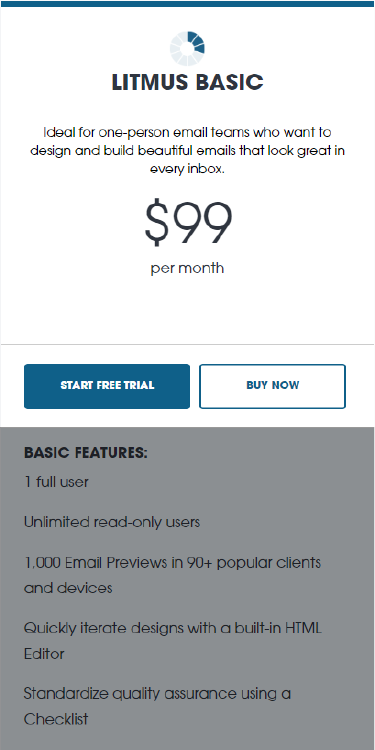 Image of Litmus basic plan showing the information for that plan at the top of the image. 