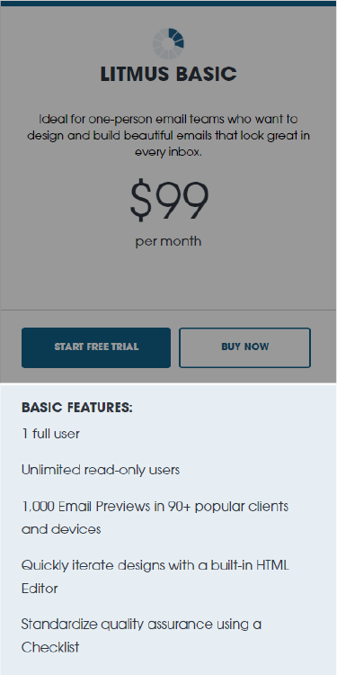 Image of Litmus basic plan showing the basic features of the plan at the bottom of the image. 
