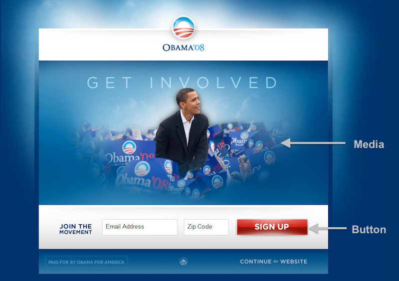 Image of President Barack Obama's 08 presidential campaign, noting the media and sign up button.
