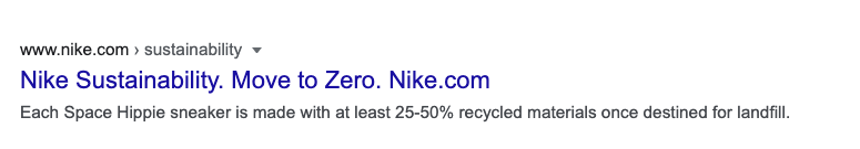 Image of Nike sustainability in Google search. 