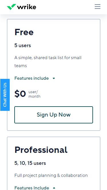 Image of a "stack" pricing plan used by Wrike with both free and professional plans highlighted.