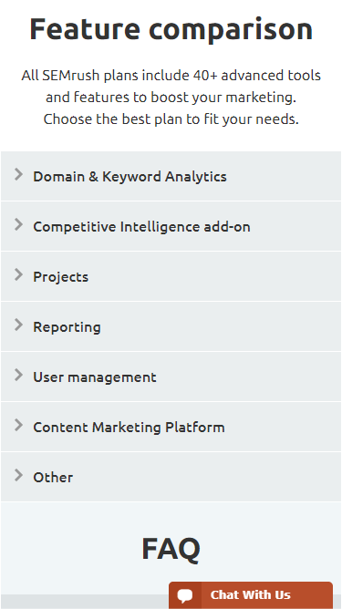 Feature comparison card that covers all of SEMrush features grouped by topic. 