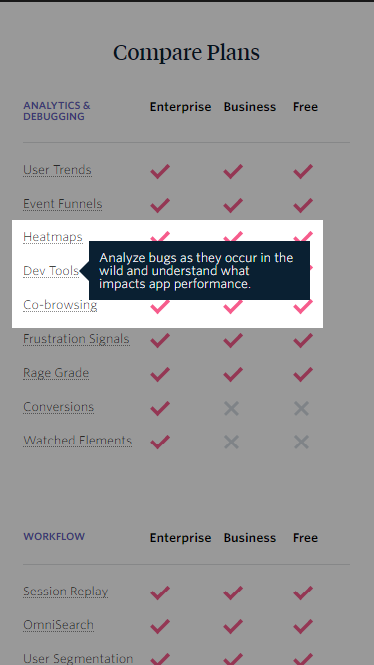 Image of compare plans table with popup that shows more information. 