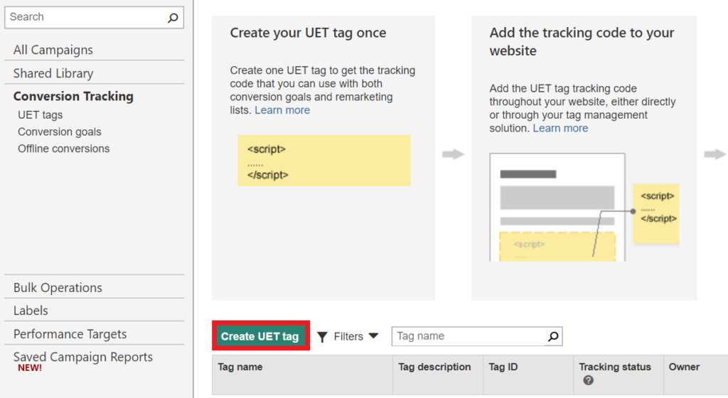 creating uet tag for bing ads.