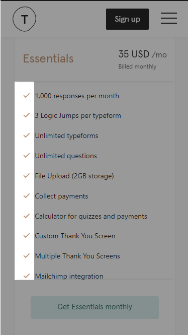 Image of example "stacking" pricing card highlighting the checks next to each feature. 