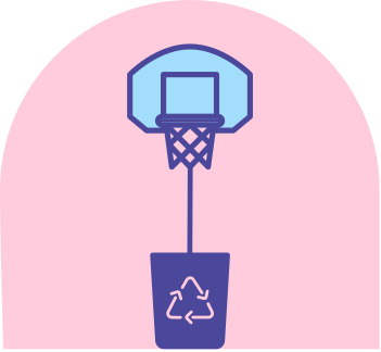 Image of basketball hoop over recycling bin. 