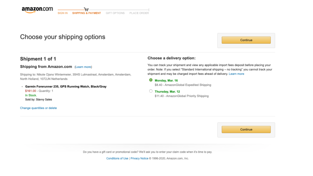 Image of Amazon shipping page