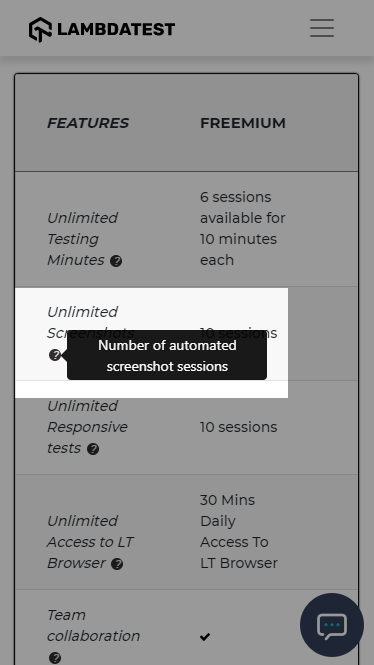 Image of Lambda Test features comparing features for both paid and freemium. Includes additional popup that highlights that number of allowed automated screenshot sessions. 
