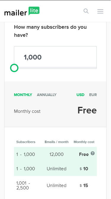 Image of MailerLite's pricing page on mobile with slider to determine your cost based on subscribers. 