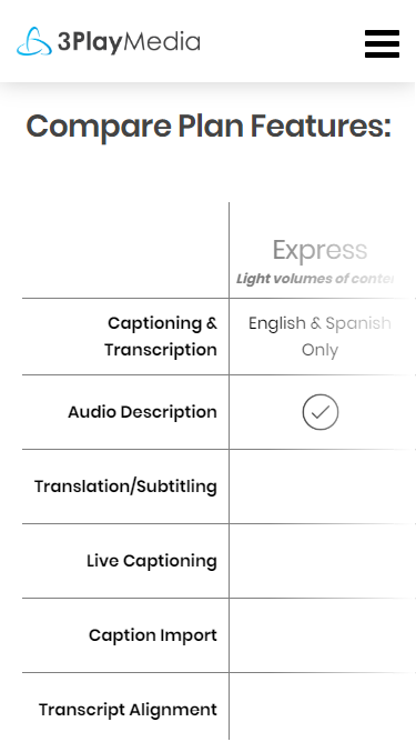 Image of 3PlayMedia compare plan features with reduced opacity to make it clear you can scroll. 