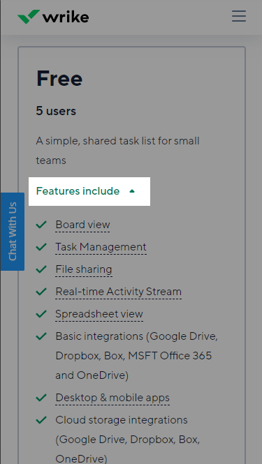 Image of Wrike pricing card highlighting features included in the free plan. 