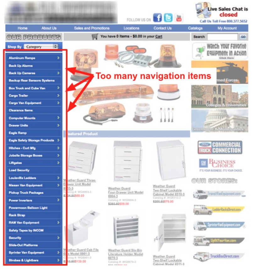 example of site with too many menu items.