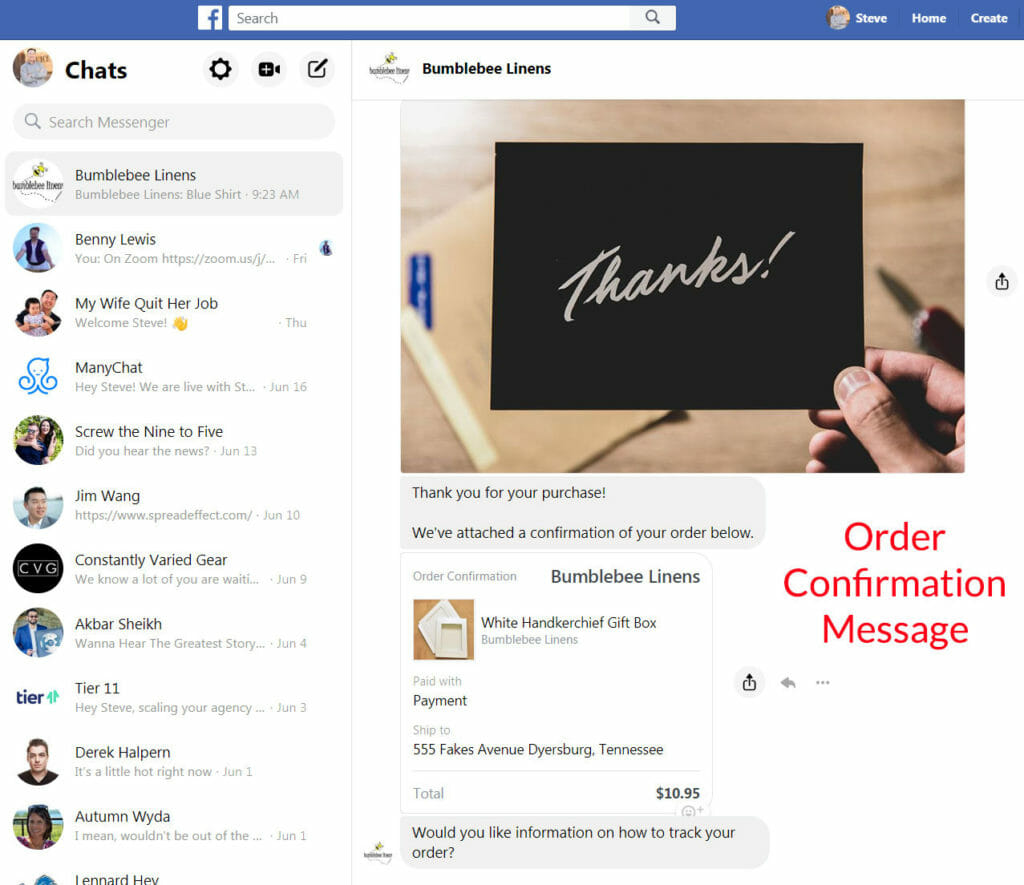Order confirmation message.