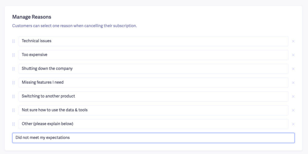 Baremetrics cancellation reasons list.