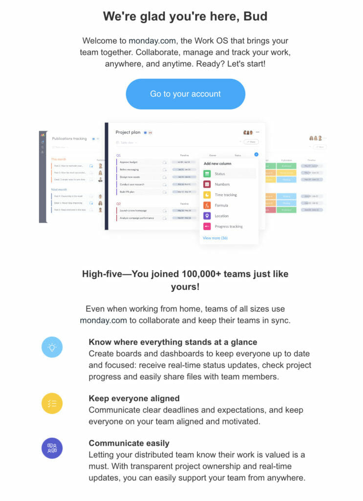 Monday.com welcome email. 