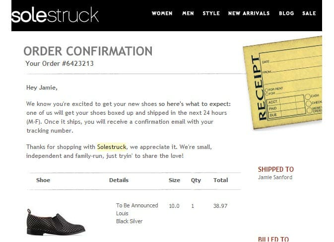 Solestruck order confirmation. 