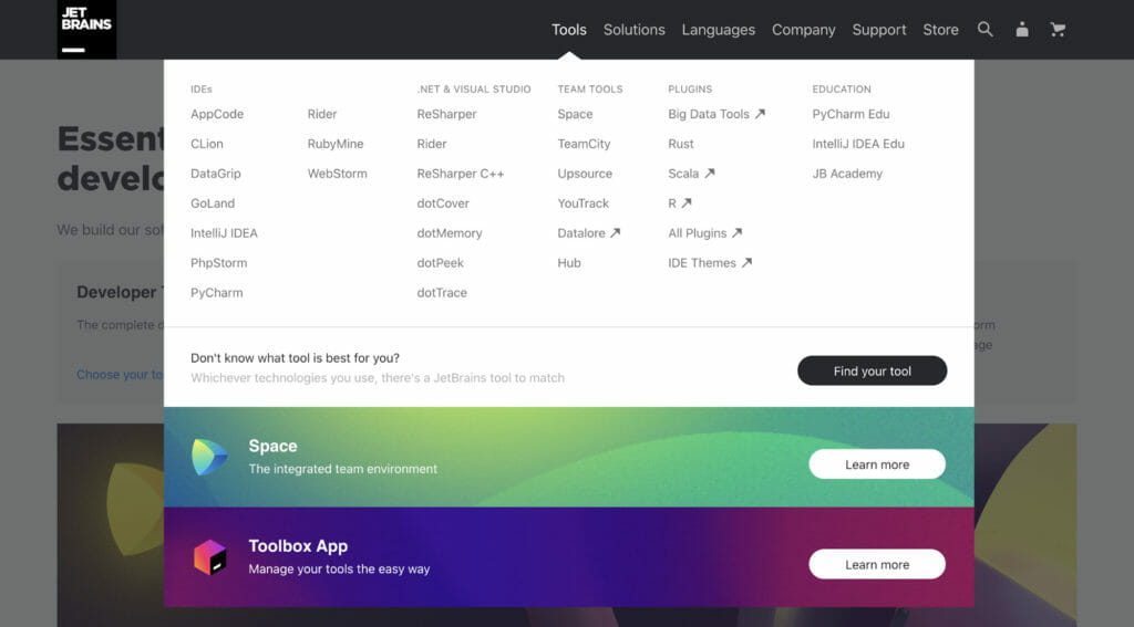 Jet Brains homepage. 