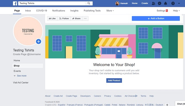 Facebook shop homepage example. 