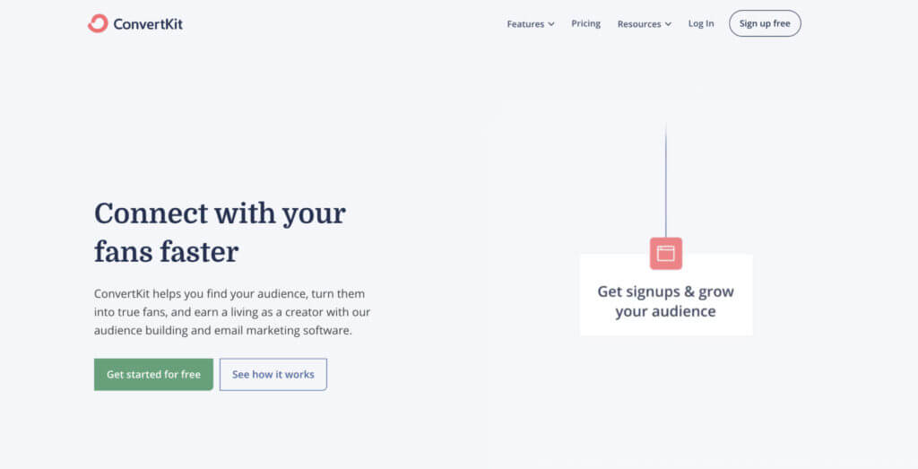 Screenshot of ConvertKit's home page (value proposition example)
