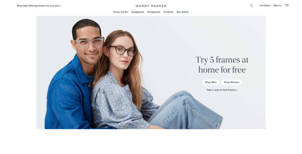 Warby Parker home page screenshot