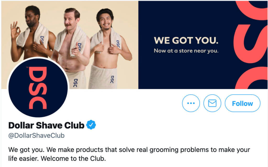 Dollar Shave Club's Twitter account featuring their USP