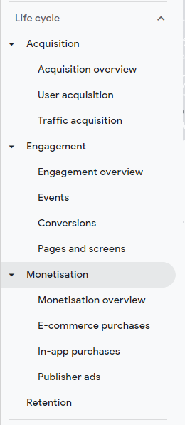 GA4 lifecycle menu options and reports