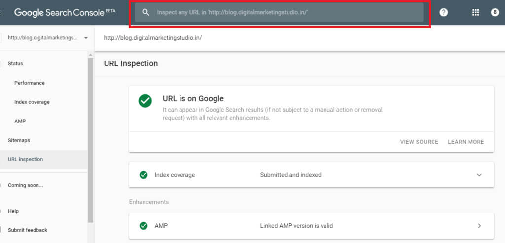 Google Search Console Inspect URL feature
