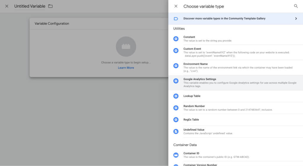 Google Tag Manager choose variable type