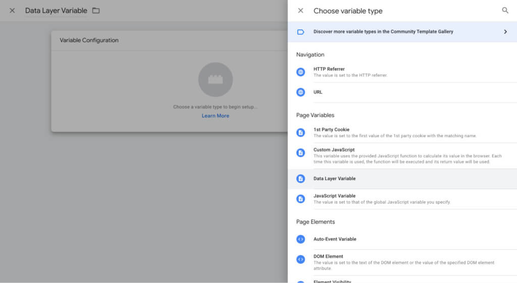 Google Tag Manager choose variable type