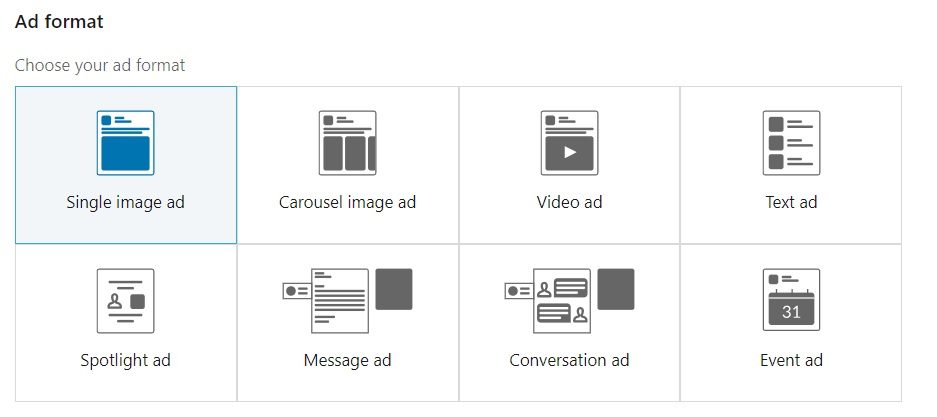 List of different ad formats on LinkedIn's ad platform