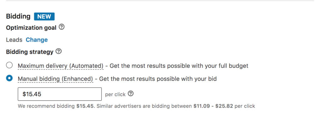 Screenshot of LinkedIn's bidding optimization goal